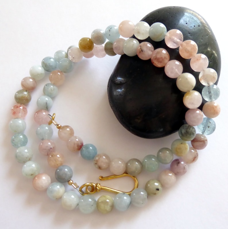 Aquamarine Morganite Beryl 14kt Gold Necklace Minimalist Pastel Gemstone Necklace Unique One of A Kind Gift March Birthstone Necklace