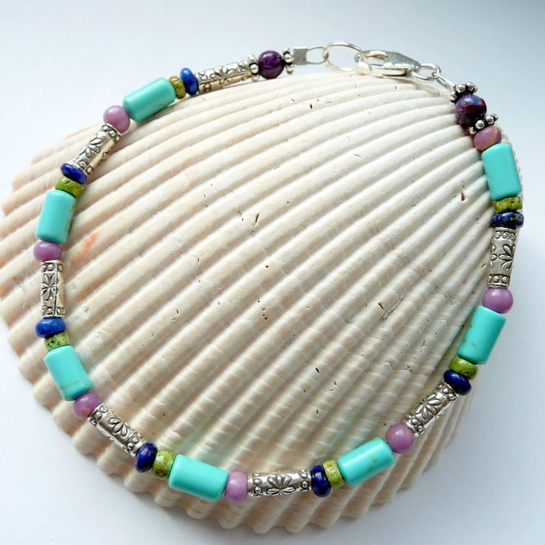 Artisan Multi Colored RARE Stones Turquoise Gaspeite Lapis Phosphosiderite Sterling Silver Bracelet Southwestern Western Boho Bracelet Gift