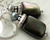 Black Lip Shell Sterling Silver Fresh Water Pearl Artisan OOAK Boho Beach Hippie Pirate Gothic Punk Minimalist Earrings