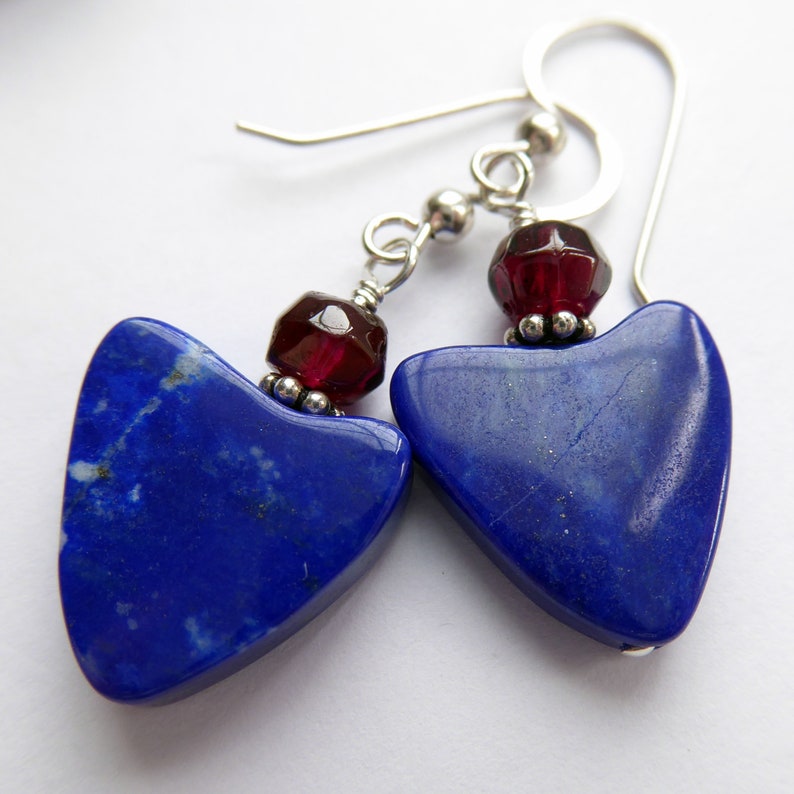 Artisan Lapis Slab Hearts Garnet Sterling Silver Earrings Boho Red Blue Silver Dangles Sundance Southwestern Cowgirl Gift fo Her