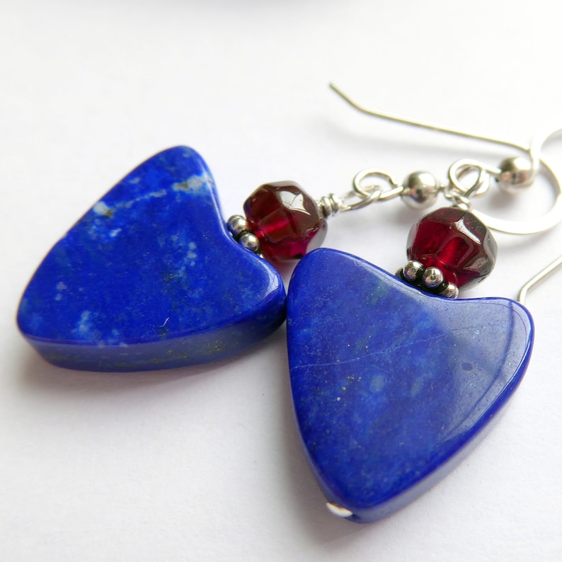 Artisan Lapis Slab Hearts Garnet Sterling Silver Earrings Boho Red Blue Silver Dangles Sundance Southwestern Cowgirl Gift fo Her