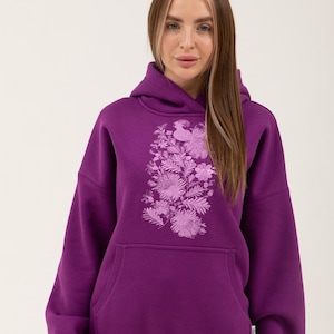 Women's Purple Embroidered Hoodie, Cozy Fleece Pullover, Floral Design Sweatshirt, Stylish Oversized Hoodie, Trendy Casual Warm Hoodie