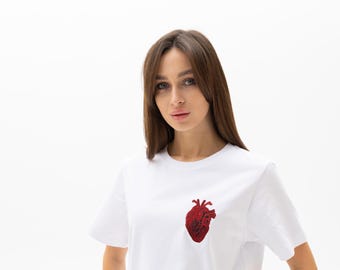 Embroidered Heart White Cotton T-Shirt, Eco-Friendly Fashion