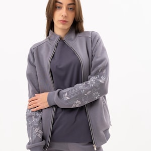 Women&#39;s Zip Up Hoodie with Embroidery, Stylish Cotton Fleece Jacket, Long Sleeve Casual Sweatshirt, Trendy Comfortable Zip Hoodie for Women