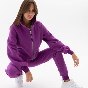 Survêtement pour femme, survêtement violet, streetwear, ensemble deux pièces, sweat à capuche et pantalon de jogging, pantalon de survêtement et sweat à capuche