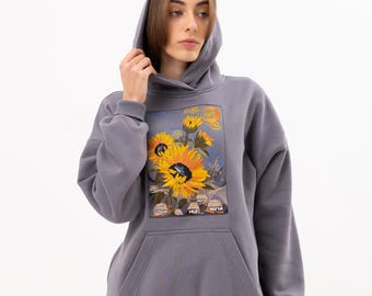 Women&#39;s Gray Sunflower Embroidered Hoodie, Oversized Cozy Pullover Sweatshirt,  Vintage Aesthetic Floral Hoodie, Casual Boho Style Hoodie