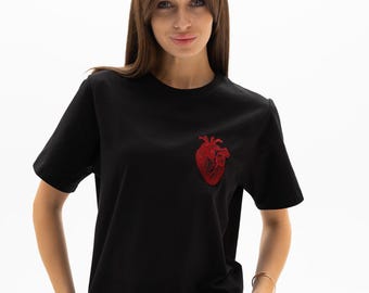 Black Cotton  T-shirts, Embroidered Red Heart, Gift for Her
