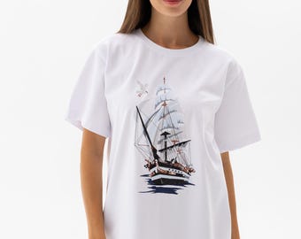 Embroidered Sailing Ship T-Shirt, Nautical Coastal Fashion
