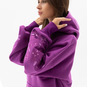 Purple Embroidered Hoodie for Women, Cozy Casual Sweatshirt with Floral Print, Oversized Relaxed Fit, Soft Cotton Streetwear Loungewear Top
