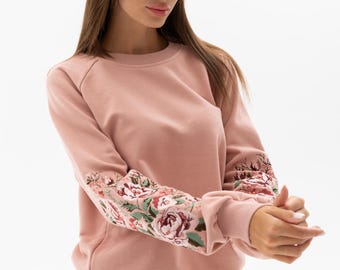 Pink Floral Embroidered Sweatshirt for Women, Cozy Long Sleeve Pullover with Elegant Floral Sleeve Design, Soft Casual Cotton Sweatshirt Top