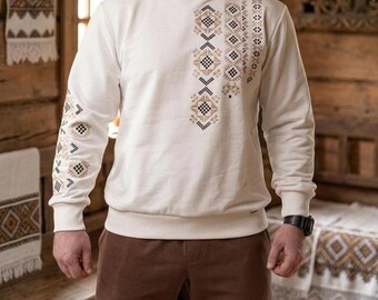 Mid-Season Milk-sweater heren met geborduurde Poltava-ruit