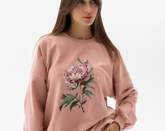 Women's Pink Sweatshirt with Floral Embroidery
