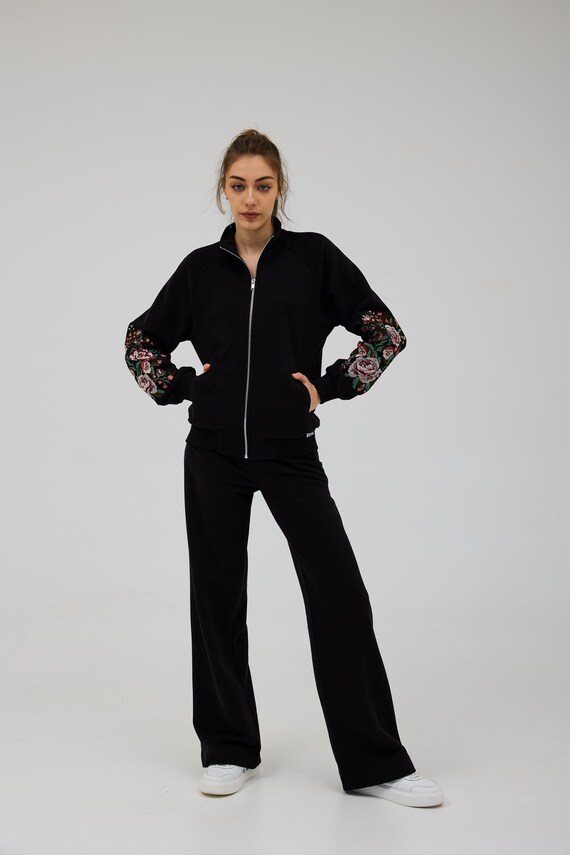 Women's Black Zip Up Jacket with Floral Embroidery on Sleeves, Stylish  Bomber Jacket for Casual Outfits, Elegant Streetwear Outerwear - Main Image