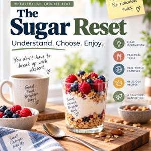 May include: A digital guide titled The Sugar Reset featuring a glass of yogurt with granola and berries, a coffee mug with the text Good Food Brighter Days, and a yellow sticky note with the text Less sugar. More awareness. No ridiculous rules.