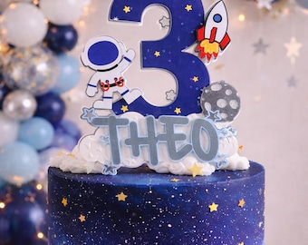 Space Astronaut Birthday Cake Topper, Personalized Name, Galaxy Party Decoration