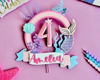 Personalized Mermaid Birthday Cake Topper, Under the Sea Custom Name Age Decorations