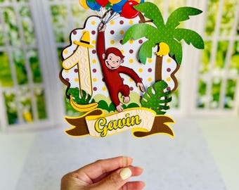 Personalized Curious Monkey Cake Topper: 3D Birthday Party Decor