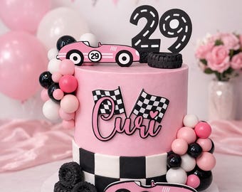 Personalized Pink Race Car Cake Topper, Racing Birthday Party Decoration