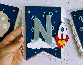 Space First Birthday Banner – Metallic Silver, Rocket Decor