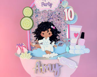 Personalized Spa Party Cake Topper, Girl Birthday Decor, Custom Name Age Topper