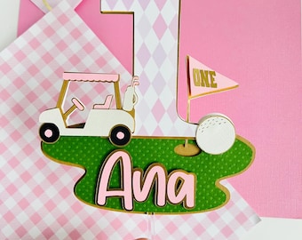 Personalized Golf First Birthday Cake Topper Girl: Pink Argyle ONE