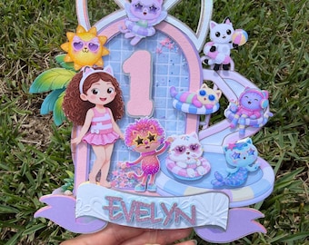 Personalized Gabby's Dollhouse Pool Party Cake Topper Birthday Cake Decoration Gabby Cat Theme Party Decor, Summer Birthday Cake Topper