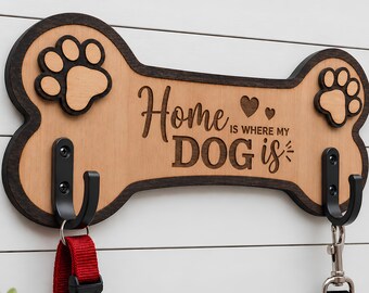 Dog Leash Holder Wall Mount, Home Is Where My Dog Is, Wooden Leash Holder, Dog Bone Wall Decor, Pet Leash Organizer, Dog Mom Gift