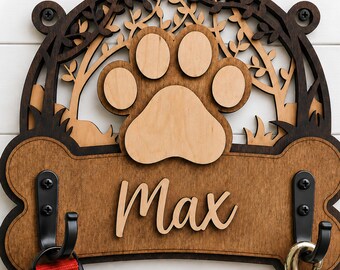 Personalized Dog Leash Holder, Custom Dog Name Wall Organizer, Wooden Dog Leash Rack, Dog Bone Key Holder, Paw Print Decor, Dog Mom Gift