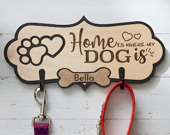 Personalized Dog Leash Holder, Engraved Pet Name Hook, Birch Wood