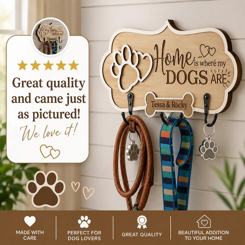 May include: A light brown wooden wall-mounted leash holder with a decorative scalloped edge. It features a large paw print cutout, the text "Home is where my DOGS ARE", and a bone-shaped plaque engraved with "Tessa & Rocky" above three black metal hooks.