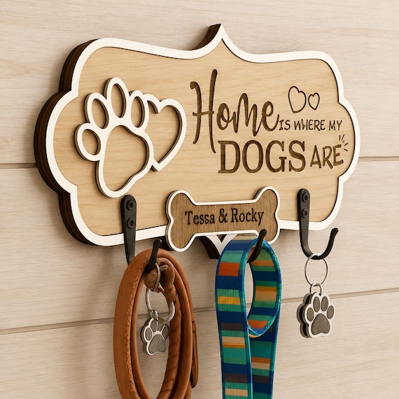 Personalized Dog Leash Holder for Wall, Custom Pet Name Leash Hook, Dog Lover Gift,  Entryway Mudroom Decor