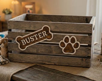 Personalized Dog Toy Box, Farmhouse Wooden Pet Storage Crate