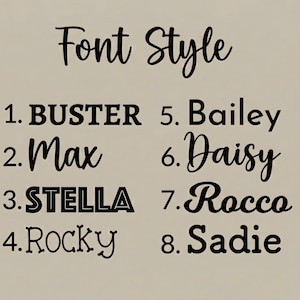 May include: A beige chart displaying eight different font styles for names, labeled 1 through 8. The text includes the heading Font Style and the names BUSTER, Max, STELLA, Rocky, Bailey, Daisy, Rocco, and Sadie, each rendered in a distinct typeface.