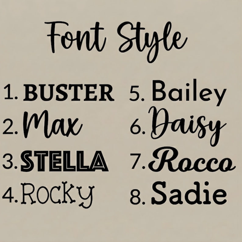 May include: A beige chart displaying eight different font styles for names, labeled 1 through 8. The text includes the heading Font Style and the names BUSTER, Max, STELLA, Rocky, Bailey, Daisy, Rocco, and Sadie, each rendered in a distinct typeface.