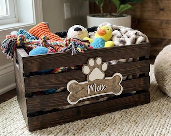 Large Personalized Dog Toy Box, Wood Dog Toy Crate, Custom Pet Storage Bin, Gift for Dog Lover, Rustic Dog Name Sign, New Puppy Gift