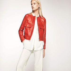 Handmade Cropped Red Lambskin Leather Jacket: Minimalist Elegant Outerwear