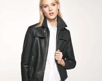 Veste En Cuir Nappa D'agneau DOMA Femme Taille S - Col Montant, Style Motard - Neuf Avec étiquettes