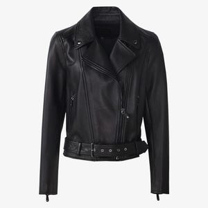 Blouson motard classique en cuir nappa noir pour femme avec ceinture, Blouson moto en cuir, Blouson en cuir souple pour femme, Blouson en cuir de mouton.