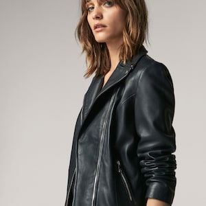 Ladies Blue Leather Jacket, Handmade Real Lambskin Slim Fit Blazer, Minimalist Moto Jacket, Lightweight Fashion Leather Coat