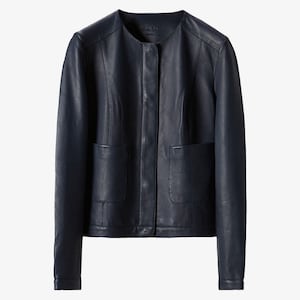 Ladies Navy Blue Leather Jacket, Elegant Minimalist Design, Collarless Blazer, Real Leather and Front Pockets, Sophisticated and Lightweight