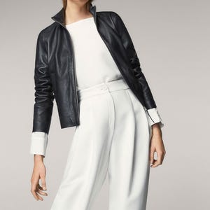 Ladies Black Leather Jacket, Slim Fit Moto Biker Jacket, Real Lambskin Jacket with Zipper Sleeves and Snap Button Collar, Handmade Outerwear