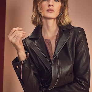 Veste en cuir nappa chocolat, veste en cuir marron pour elle, vestes en cuir motards pour femmes, vestes en cuir de mouton, vestes en cuir souple