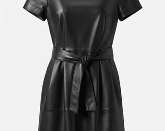 Ladies Nappa Leather Dress With Belt, Minimalist Handmade Dress