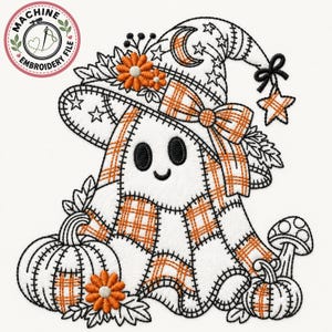 May include: A machine embroidery design featuring a ghost wearing a plaid witch hat with a crescent moon and stars. The ghost is surrounded by two pumpkins, orange flowers, and a mushroom, all outlined in black with orange plaid accents.