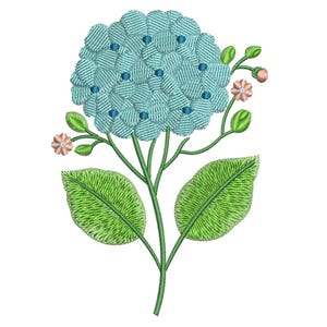 May include: Embroidered illustration of a hydrangea flower. The flower head is light blue with darker blue accents, and the leaves are green. Small pink flowers and green buds are also present, all on a white background.