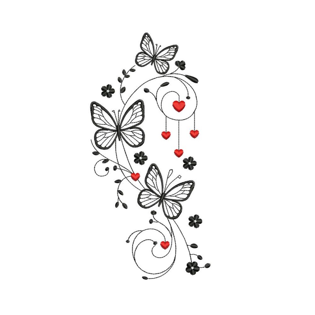 Butterfly Heart Embroidery Design, Minimal Outline Botanical Machine ...