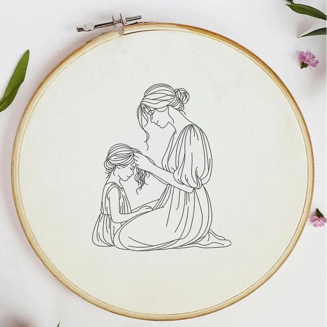 Mother Daughter Embroidery Design, Minimalist Line Art Machine File