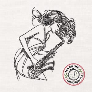 Puede incluir: Un diseño de bordado a máquina de arte lineal negro que muestra a una persona con cabello fluido tocando el saxofón. El diseño incluye un logotipo circular en la esquina inferior derecha con el texto MACHINE EMBROIDERY alrededor de un icono de aguja y corazón.