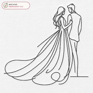 Può includere: Un disegno per ricamo a macchina in nero che presenta un'illustrazione a linea continua di una coppia in piedi. La figura a sinistra indossa un lungo abito fluido con strascico, mentre la figura a destra indossa una giacca da completo.