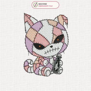 May include: A machine embroidery file design featuring a patchwork cat character with orange, purple, and white cross-hatched segments. The cat has large black almond-shaped eyes with orange pupils, a stitched mouth, and holds a small black bottle.